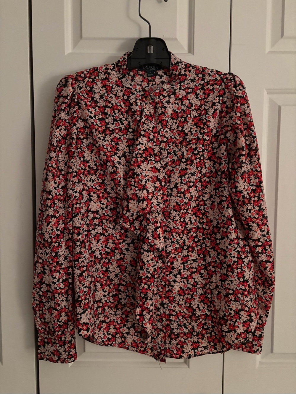 Ralph Lauren Red, Pink and Cream Floral Button-Down Blouse with front ruffle med